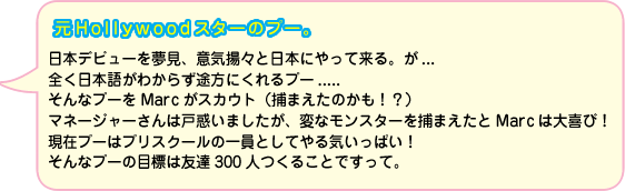 元Hollywoodスターのプー。日本デビューを夢見、意気揚々と日本にやって来る。が...全く日本語がわからず途方にくれるプー.....そんなプーをMarcがスカウト（捕まえたのかも！？）マネージャーさんは戸惑いましたが、変なモンスターを捕まえたとMarcは大喜び！現在プーはプリスクールの一員としてやる気いっぱい！そんなプーの目標は友達300人つくることですって。